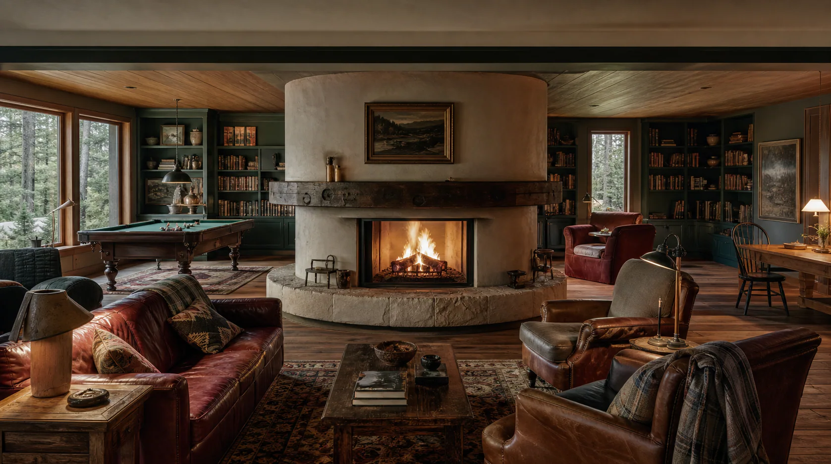 Warm library with a central fireplace