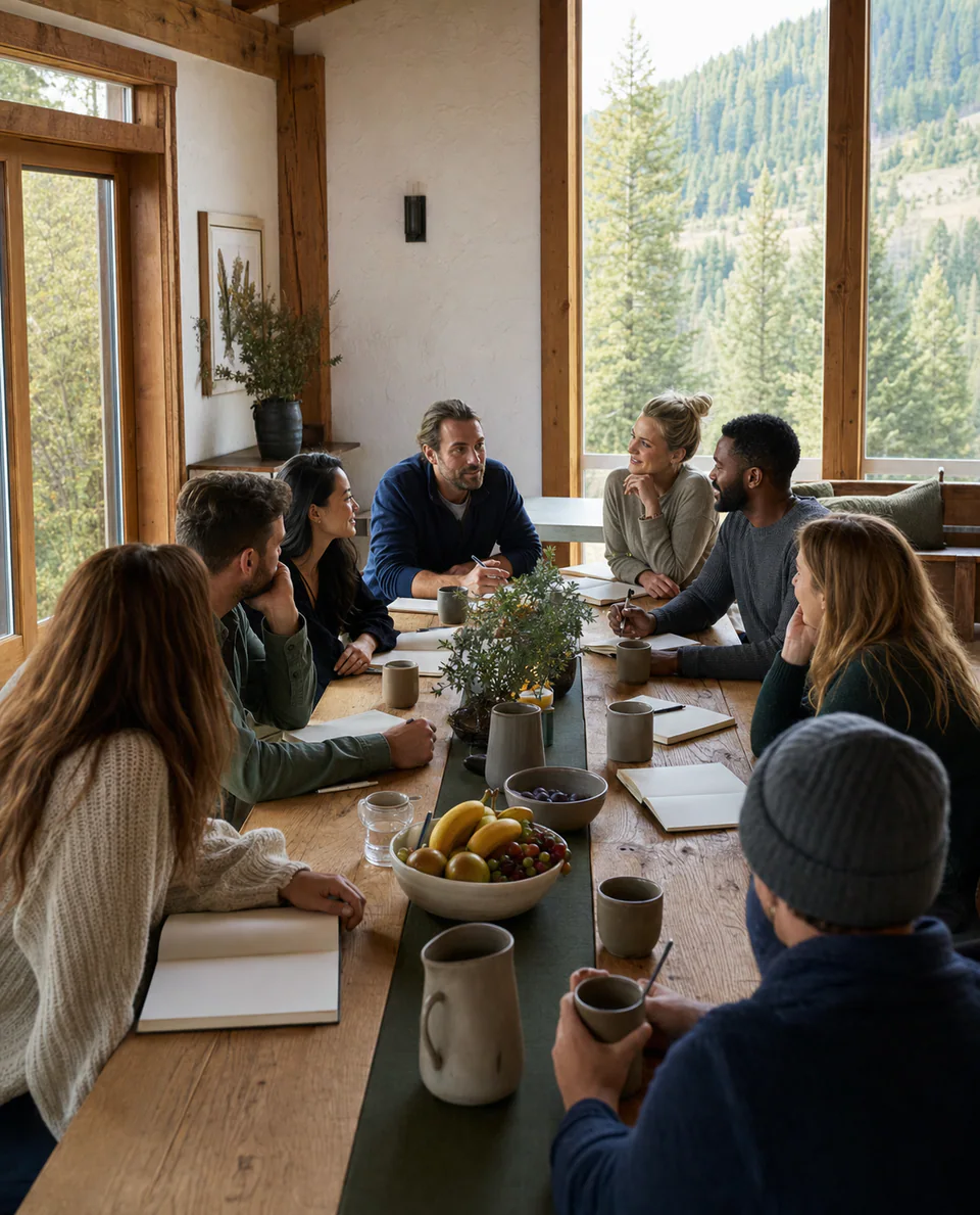 Long table prepared for a company retreat