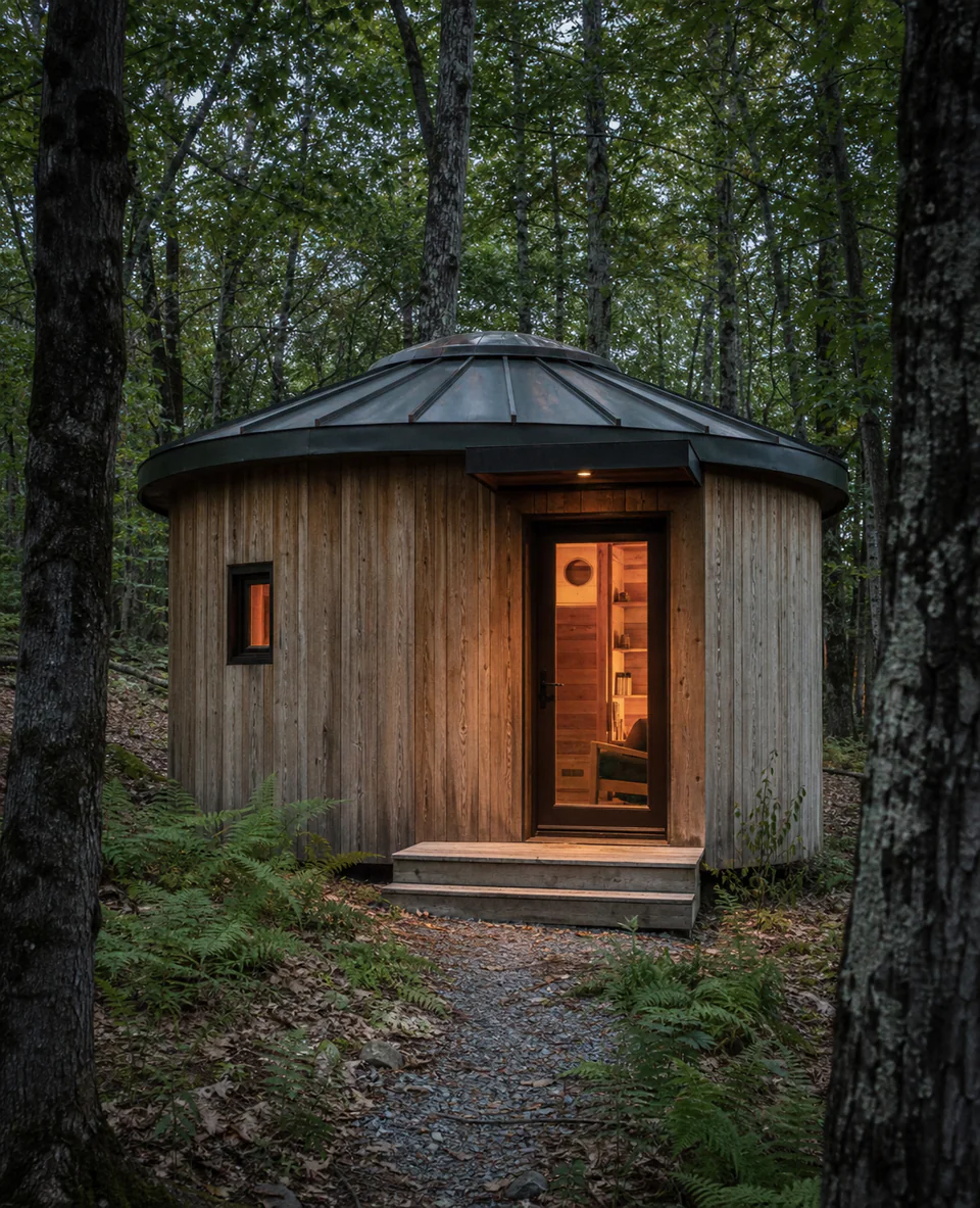 Round timber cabin among trees